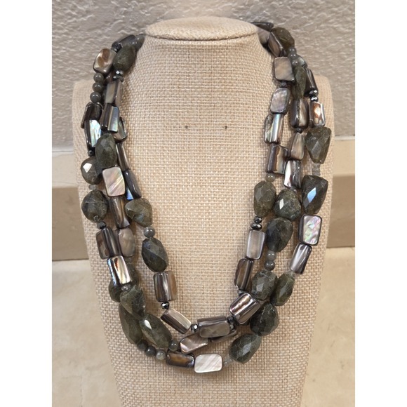 Aurora Borealis Jewelry - Vtg Heavy Sterling Silver, Labradorite, Abalone, Aurora Borealis Signed Necklace